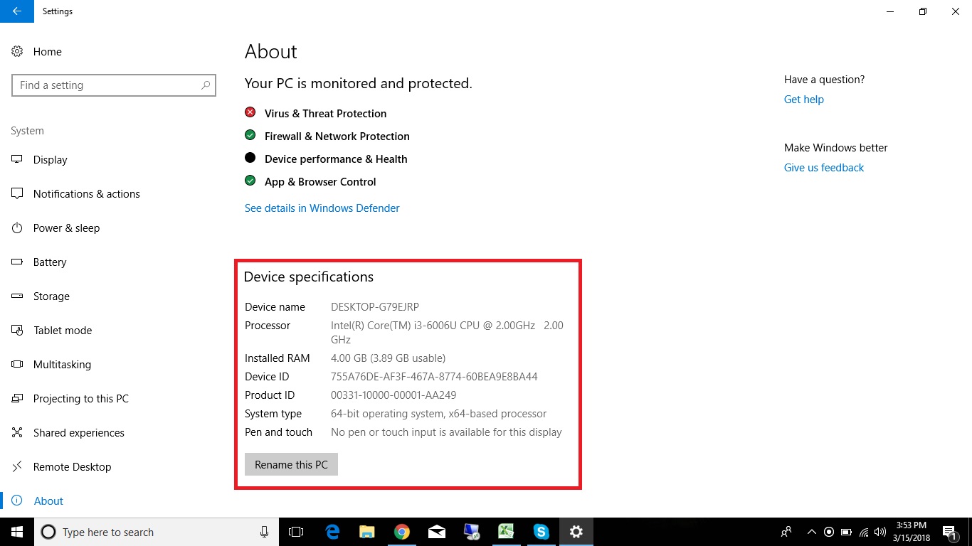 how to check laptop specs windows 10