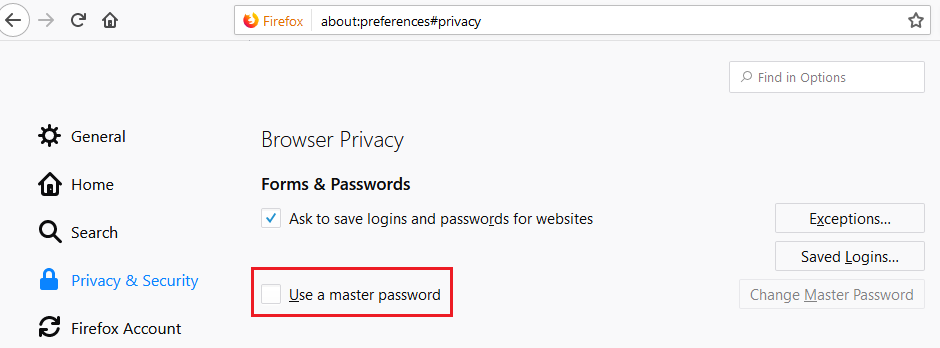 master password in firefox
