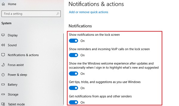 how to turn off notification windows 10