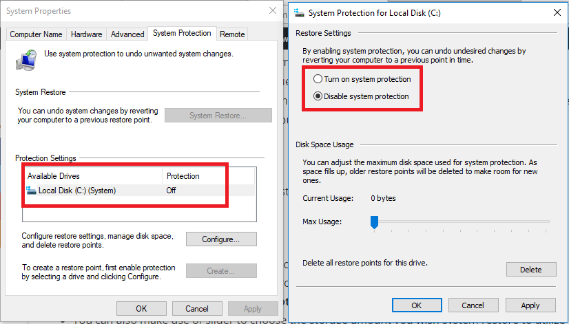 enable restore point windows 10