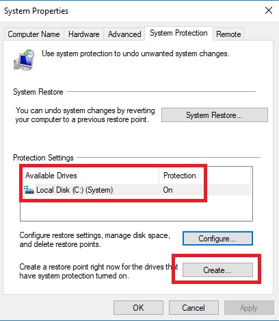 create a restore point windows 10