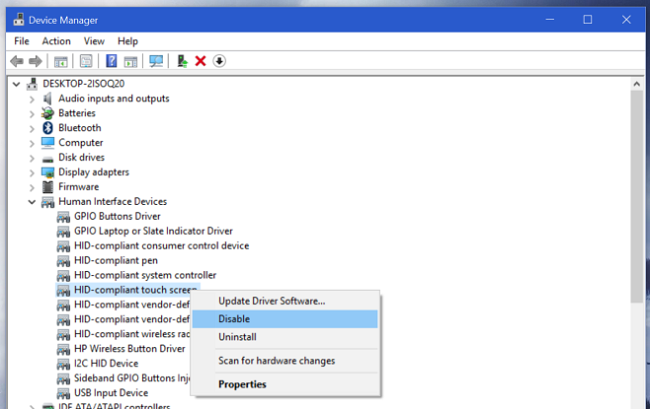 disable touch screen in windows 10
