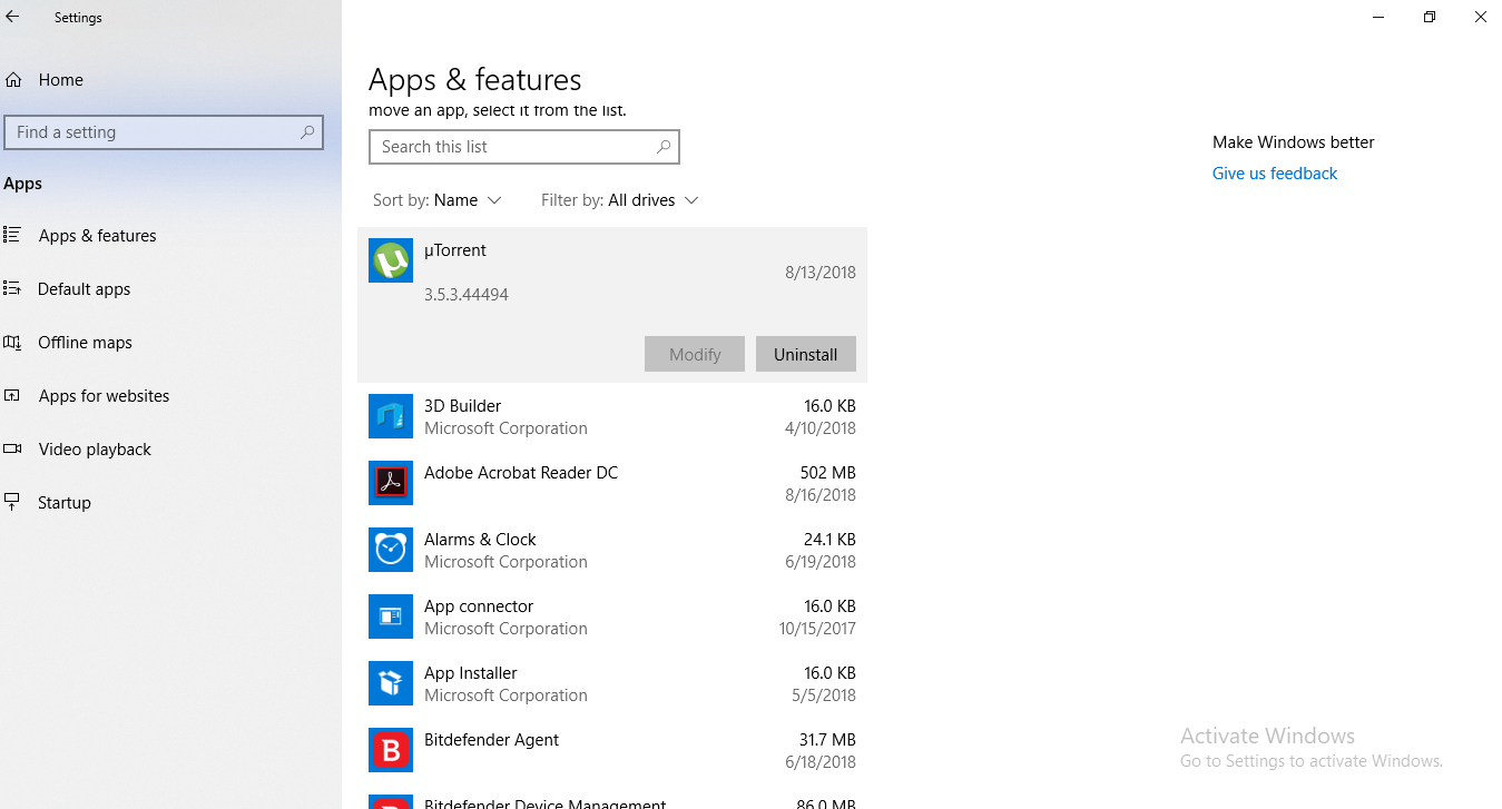 uninstall app windows 10