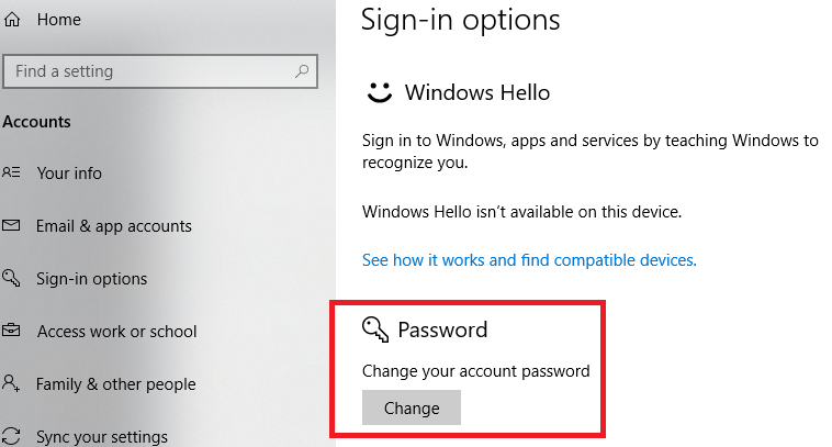 how to change windows 10 password