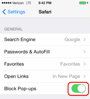 turn off pop up blocker safari