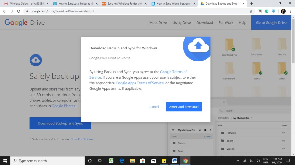 download backup and sync from google