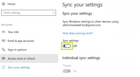 syncing settings in windows 10