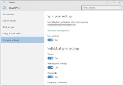 windows 10 syncing my settings