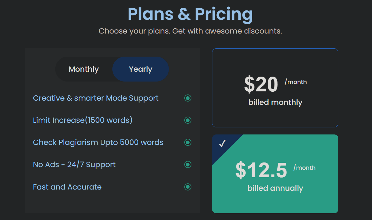 paraphraser pricing and plan